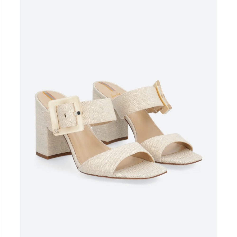 New in Box Sam Edelman Dalton Heeled Sandals Color Sand Linen Size 8.5